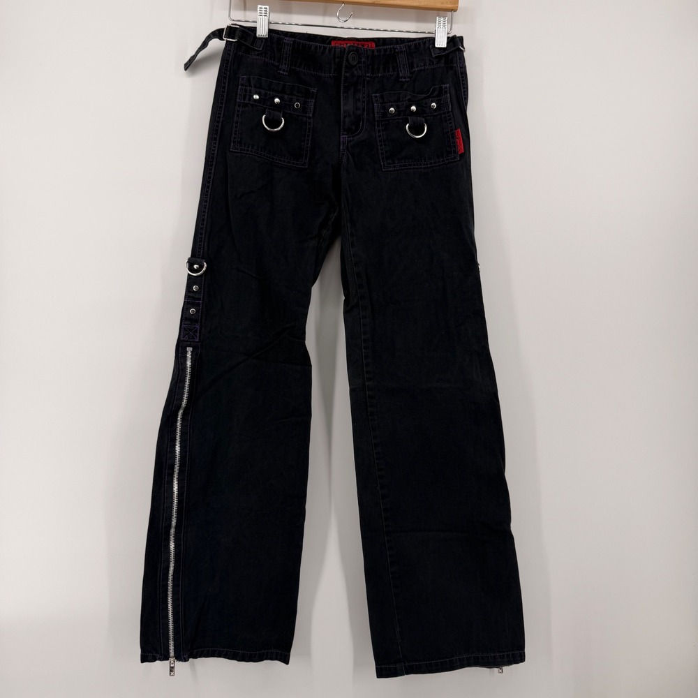 Tripp NYC AF816 Black Purple Stitch D-Ring Chain Gothic Wide Leg Pants Womens
